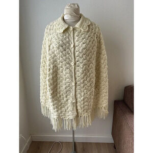 Vintage 70s Crochet Knit Poncho Cape Cream‎ Collared Button Front Arm Holes OS